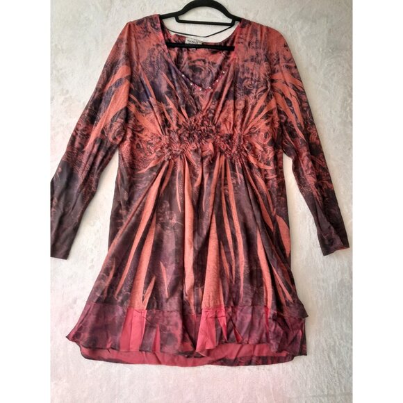 ONE WORLD Tops - One World Boho Abstract Studded Ruched Waist Stretch Large Tunic Top Long Sleeve